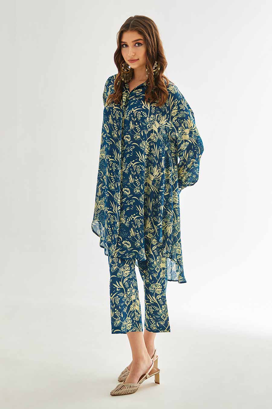 Small Blue Floral Printed Indie Shirt & Pant Set