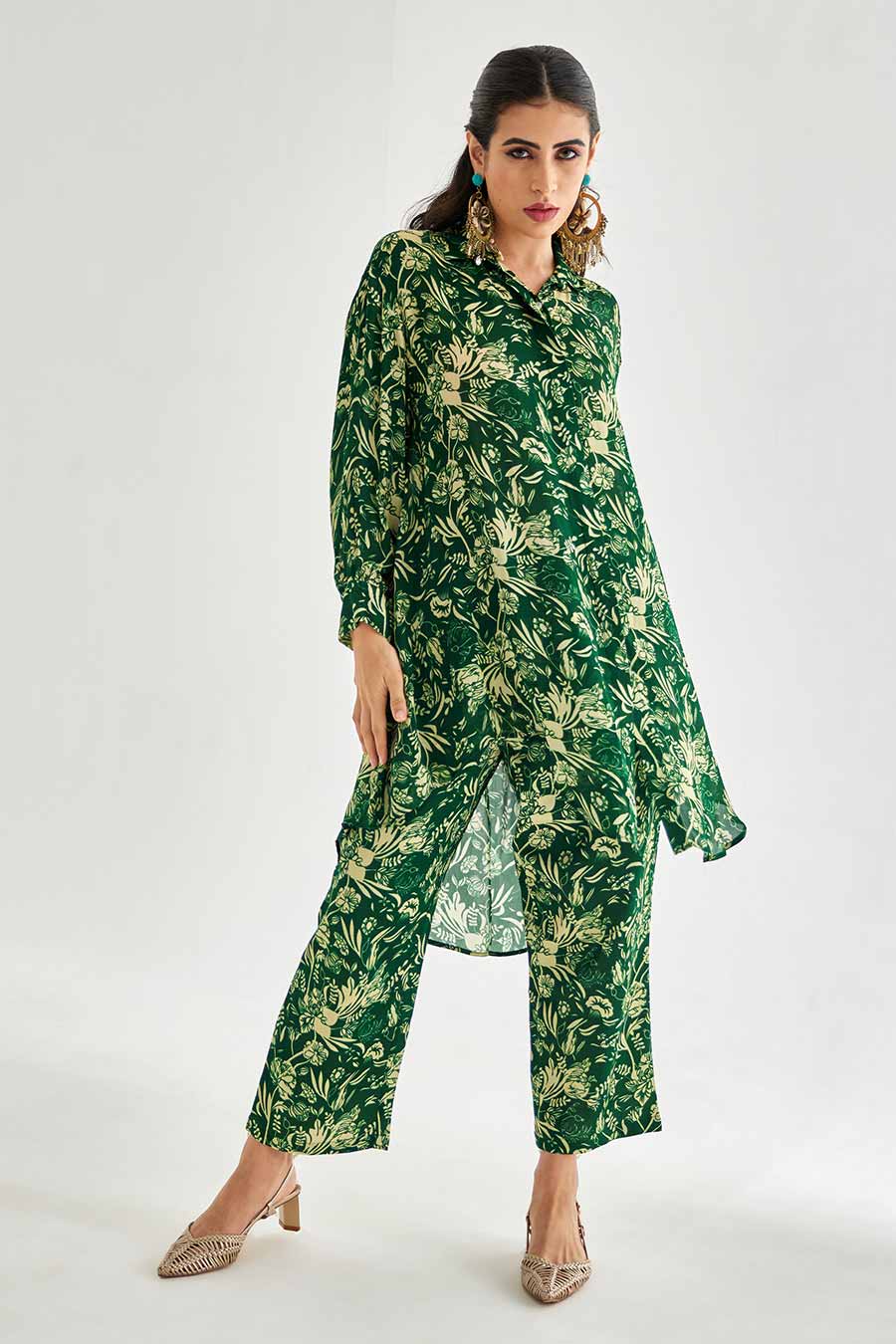 Small Green Floral Printed Indie Shirt & Pant Set