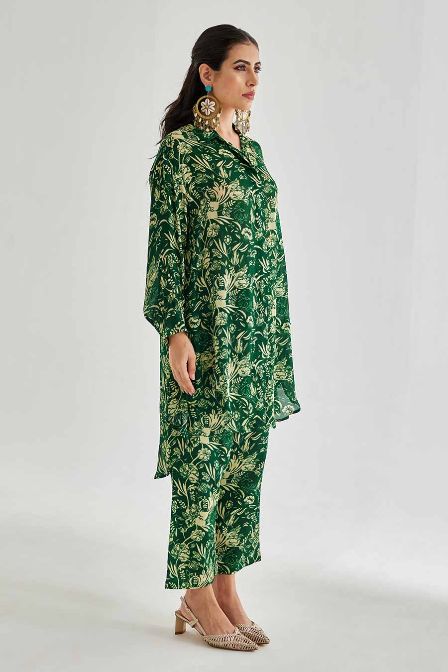 Small Green Floral Printed Indie Shirt & Pant Set