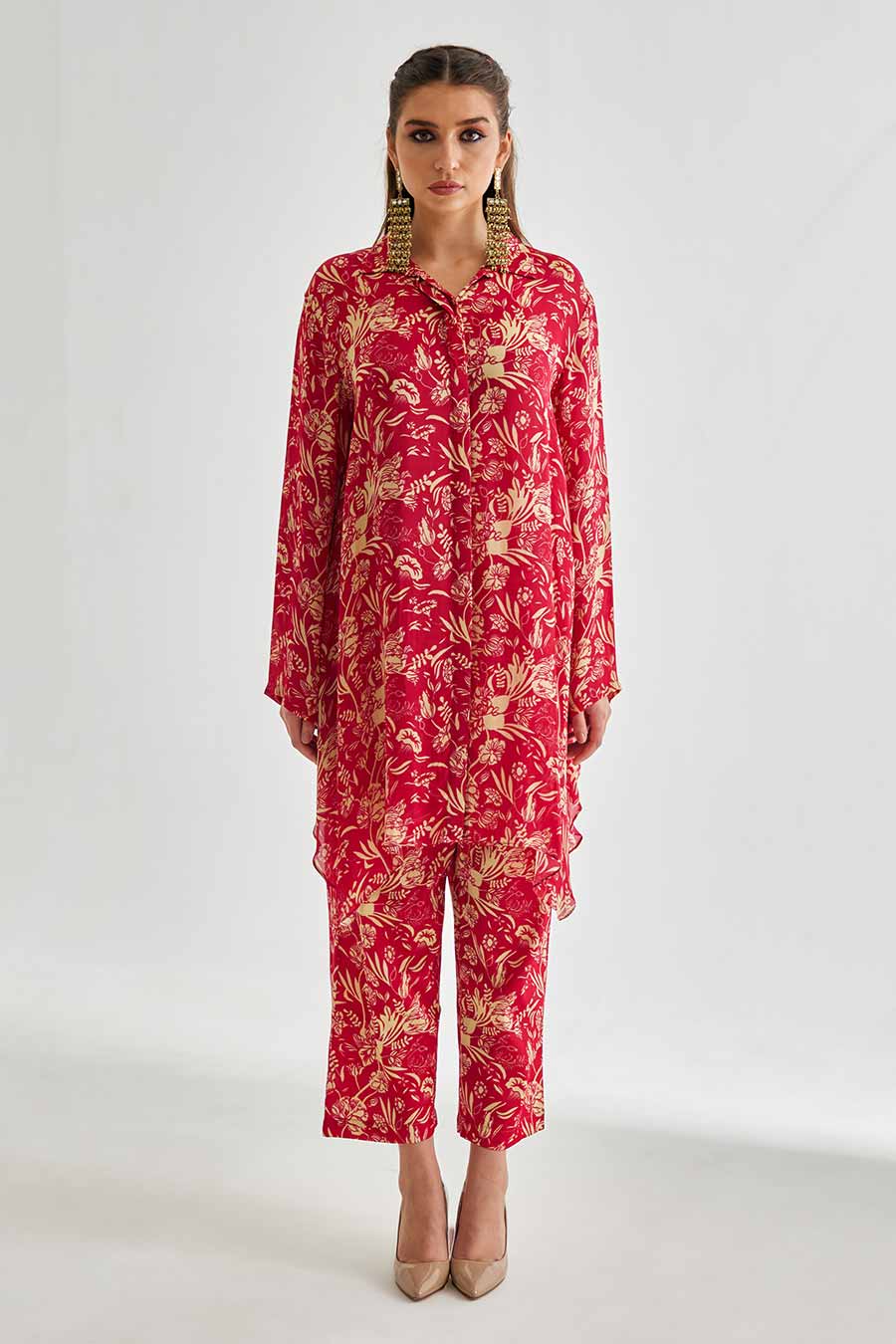 Small Pink Floral Printed Low-back Shirt & Pant Set