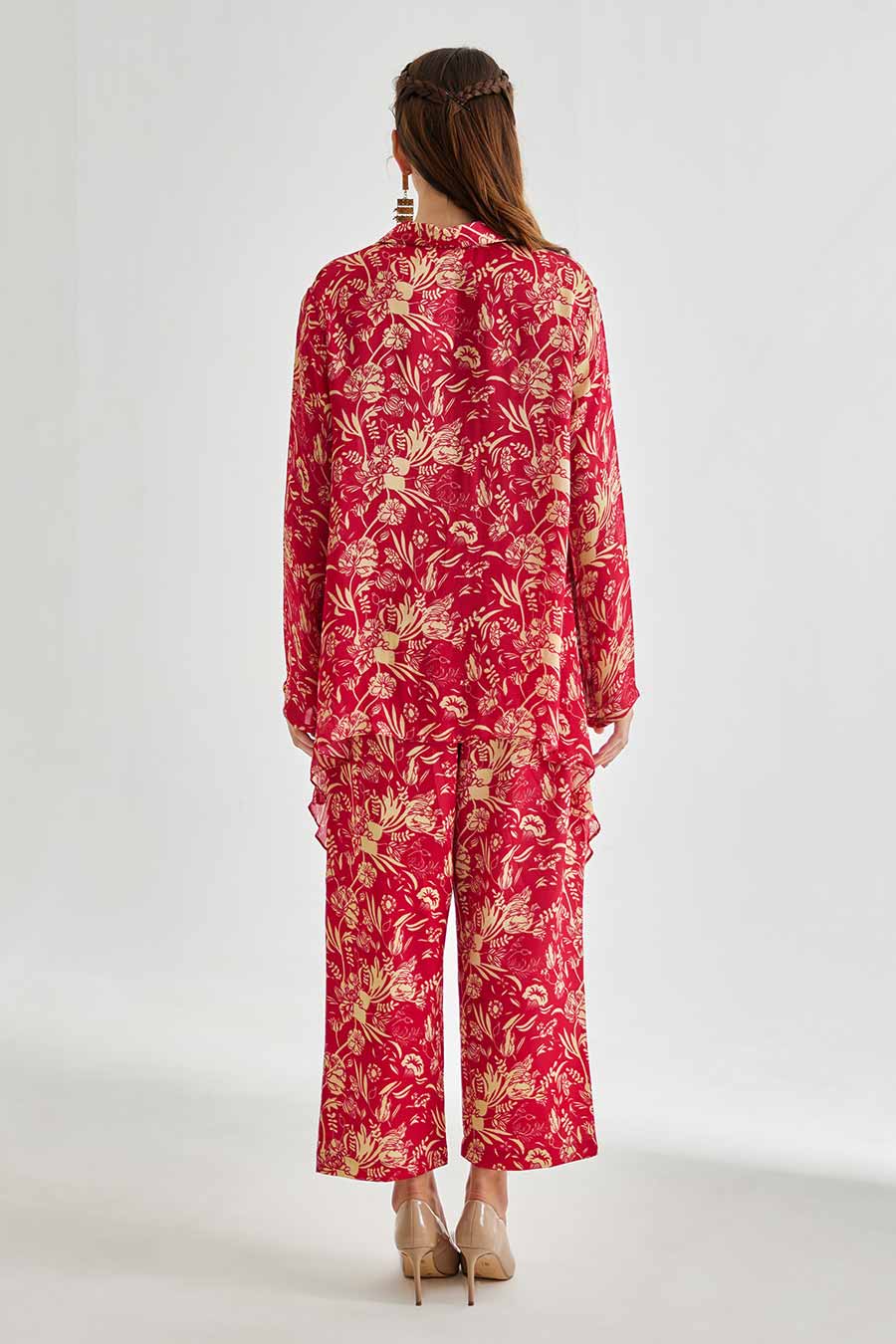 Small Pink Floral Printed Low-back Shirt & Pant Set