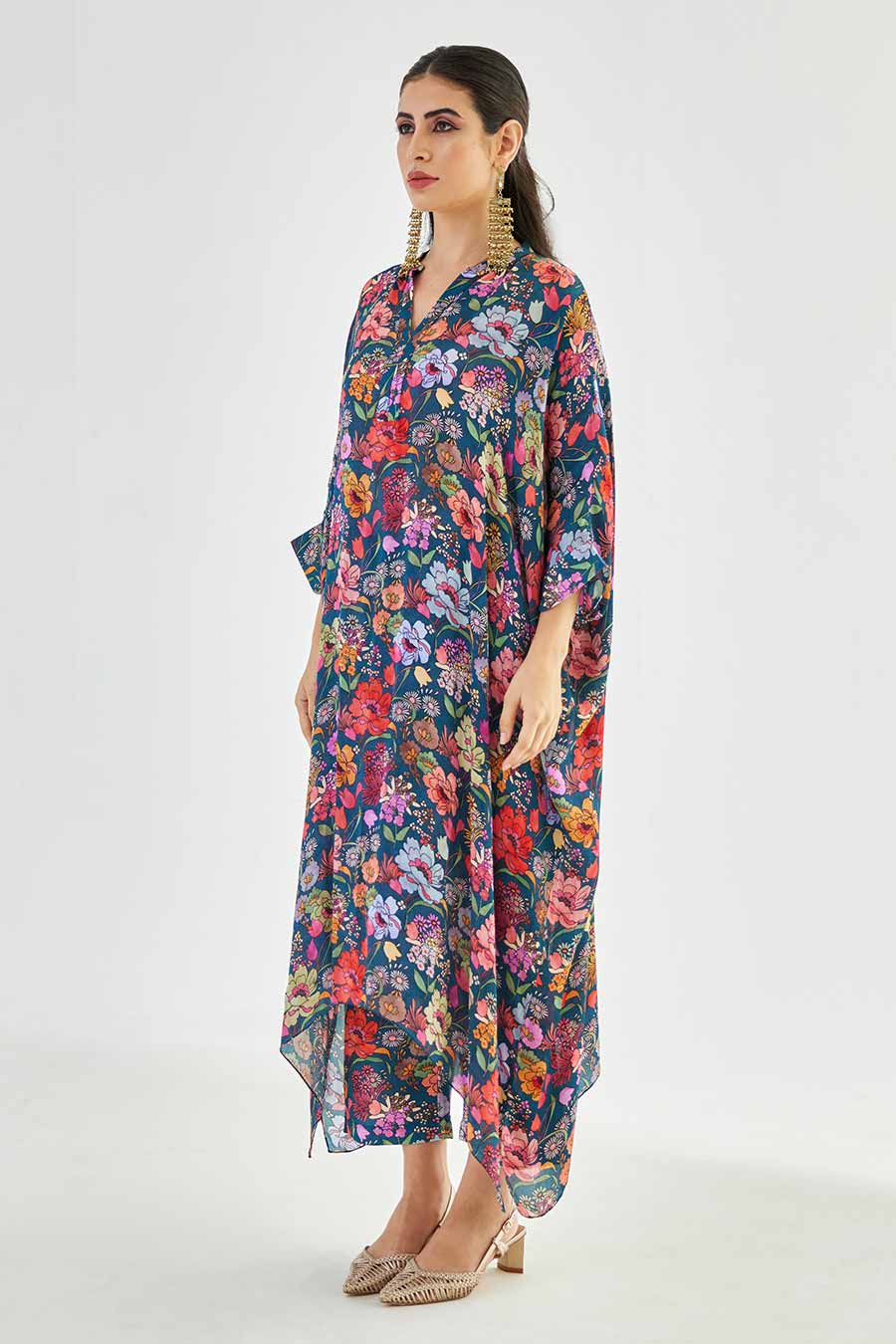 Big Blue Floral Printed Long Kaftan & Pant Set