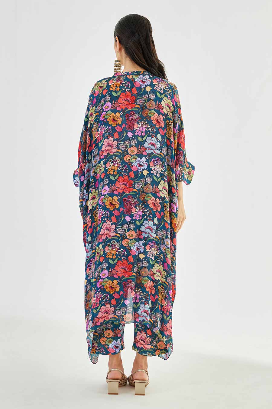 Big Blue Floral Printed Long Kaftan & Pant Set