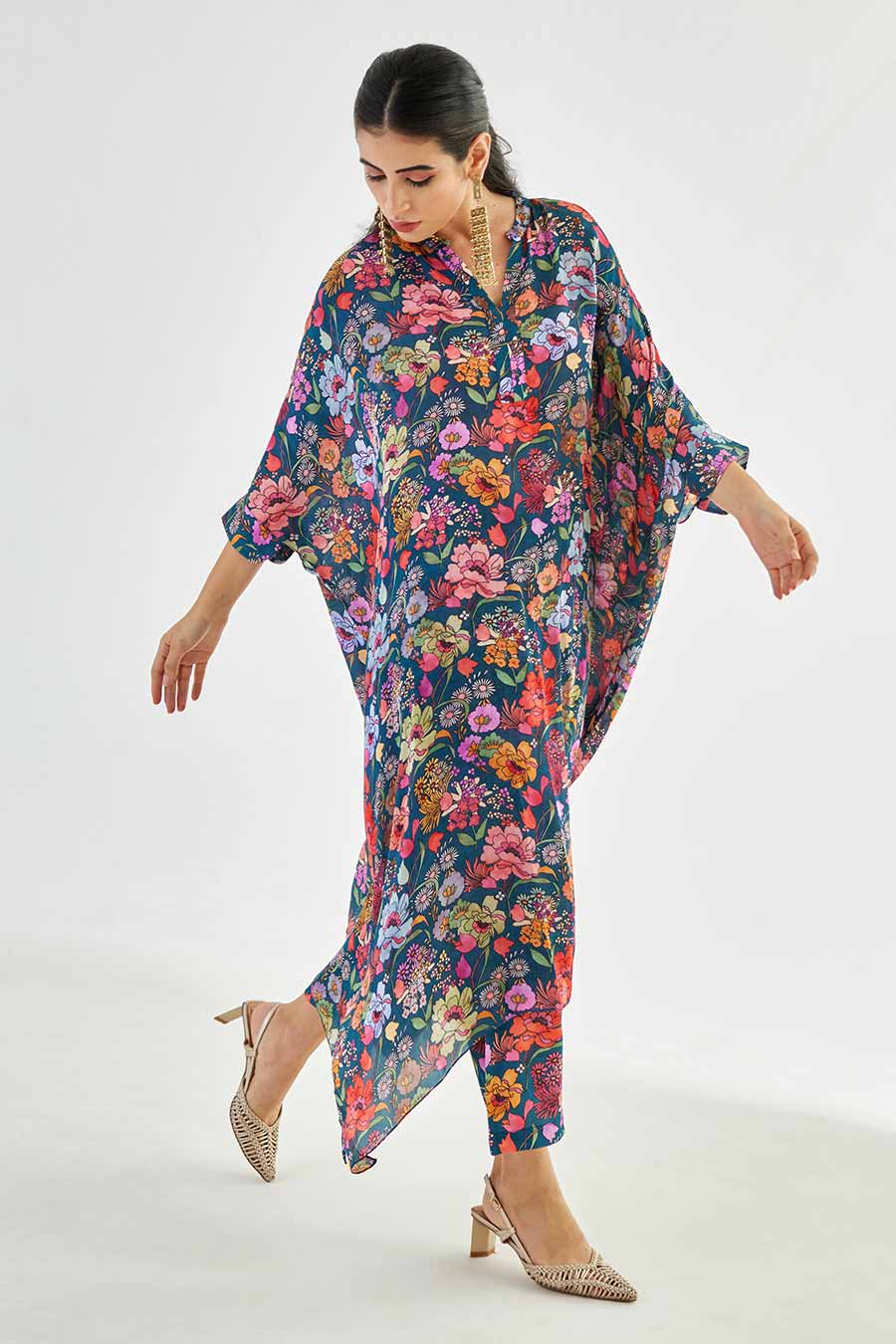 Big Blue Floral Printed Long Kaftan & Pant Set