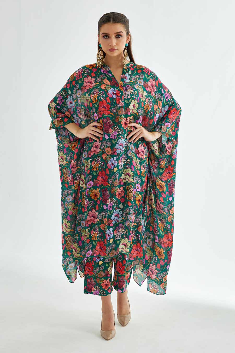 Big Green Floral Printed Long Kaftan & Pant Set