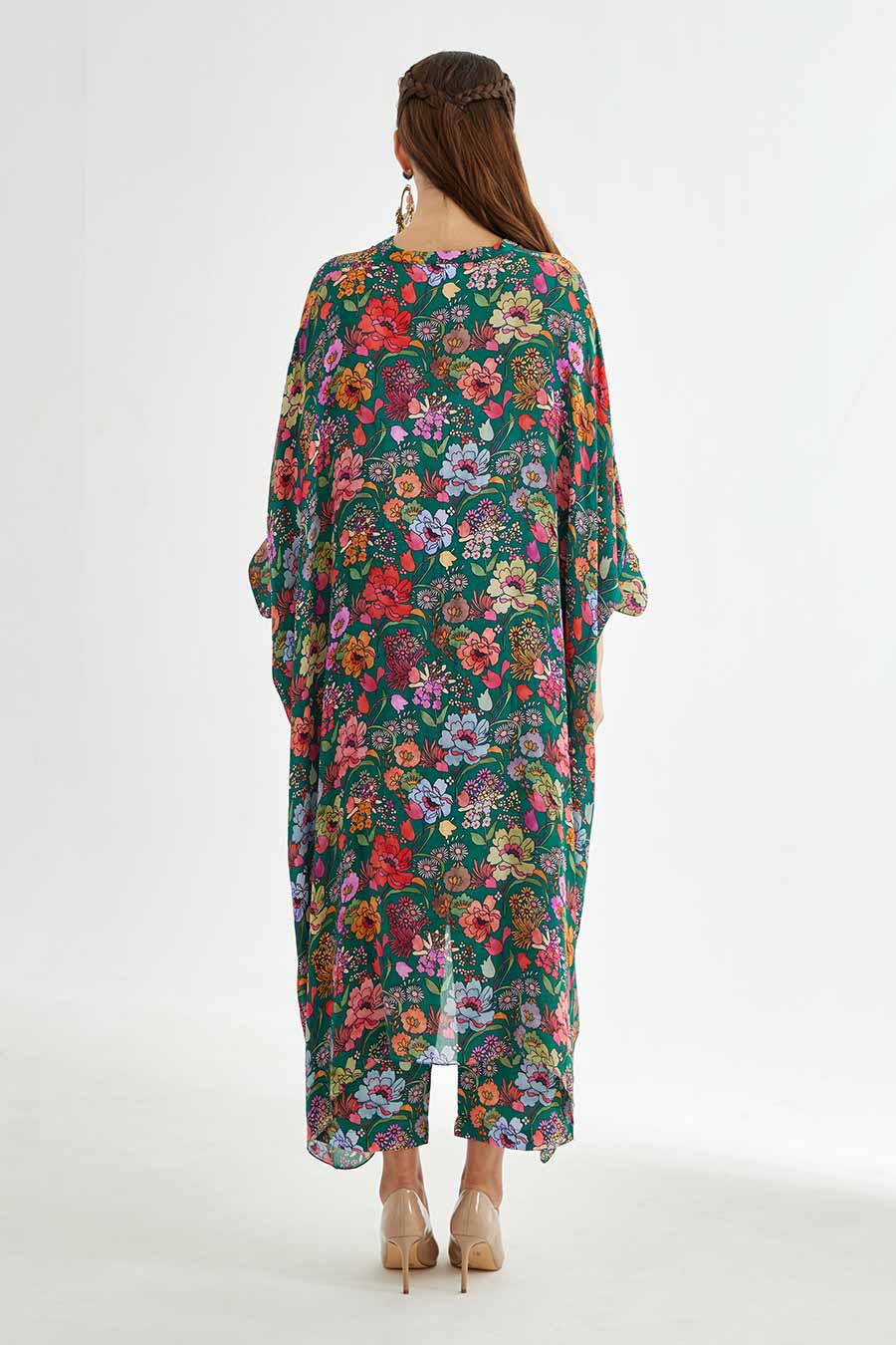 Big Green Floral Printed Long Kaftan & Pant Set