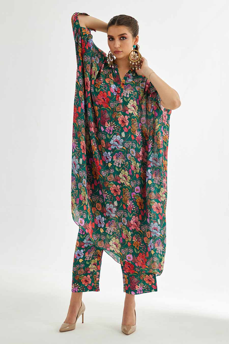 Big Green Floral Printed Long Kaftan & Pant Set