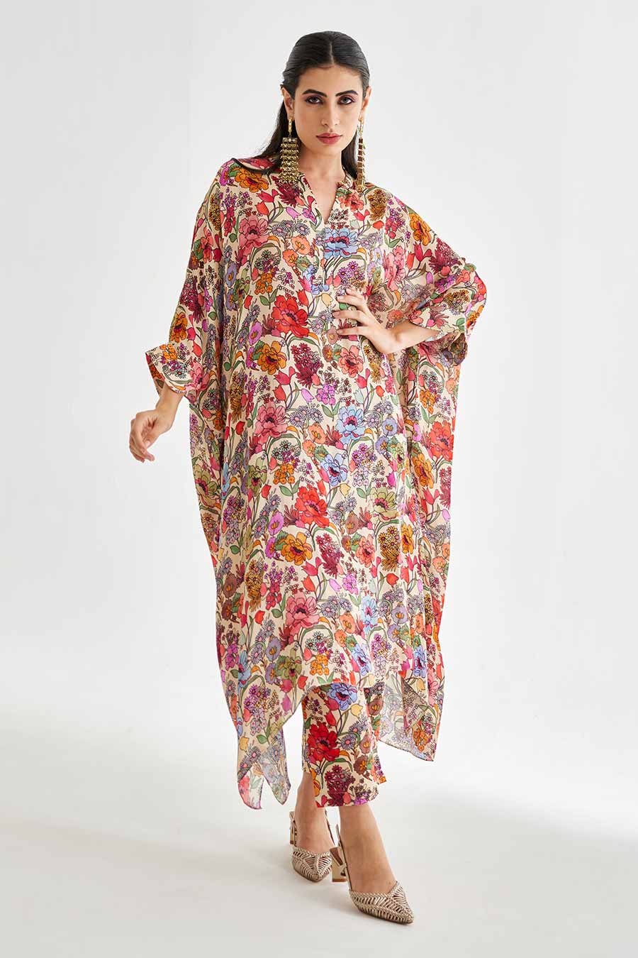Big White Floral Printed Long Kaftan & Pant Set