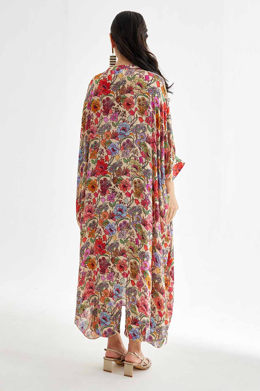 Big White Floral Printed Long Kaftan & Pant Set