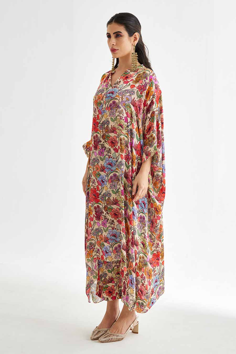 Big White Floral Printed Long Kaftan & Pant Set
