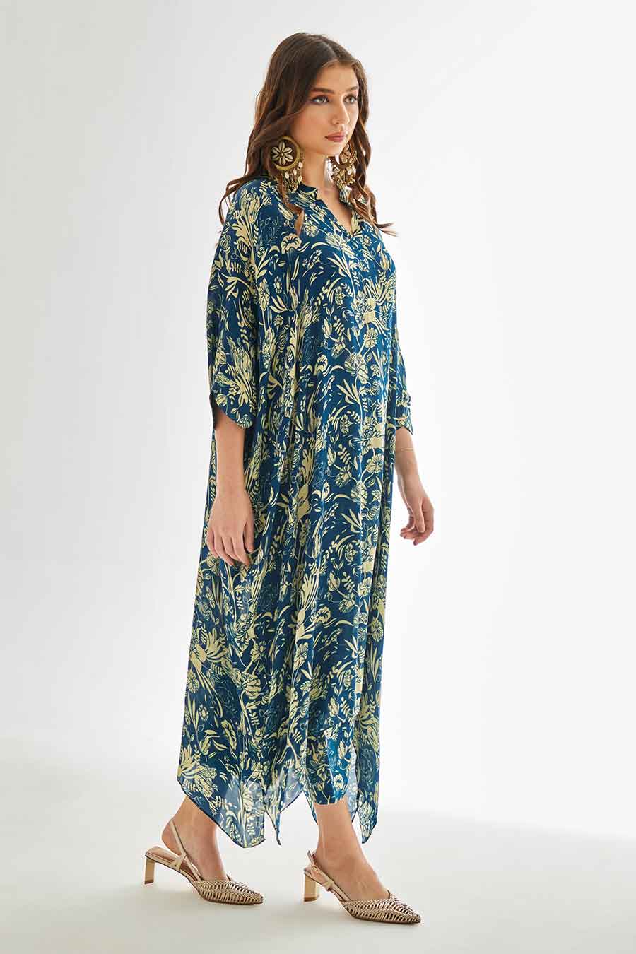 Small Blue Floral Printed Long Kaftan & Pant Set