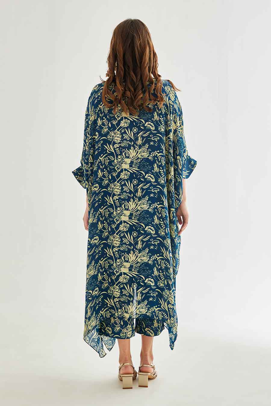 Small Blue Floral Printed Long Kaftan & Pant Set