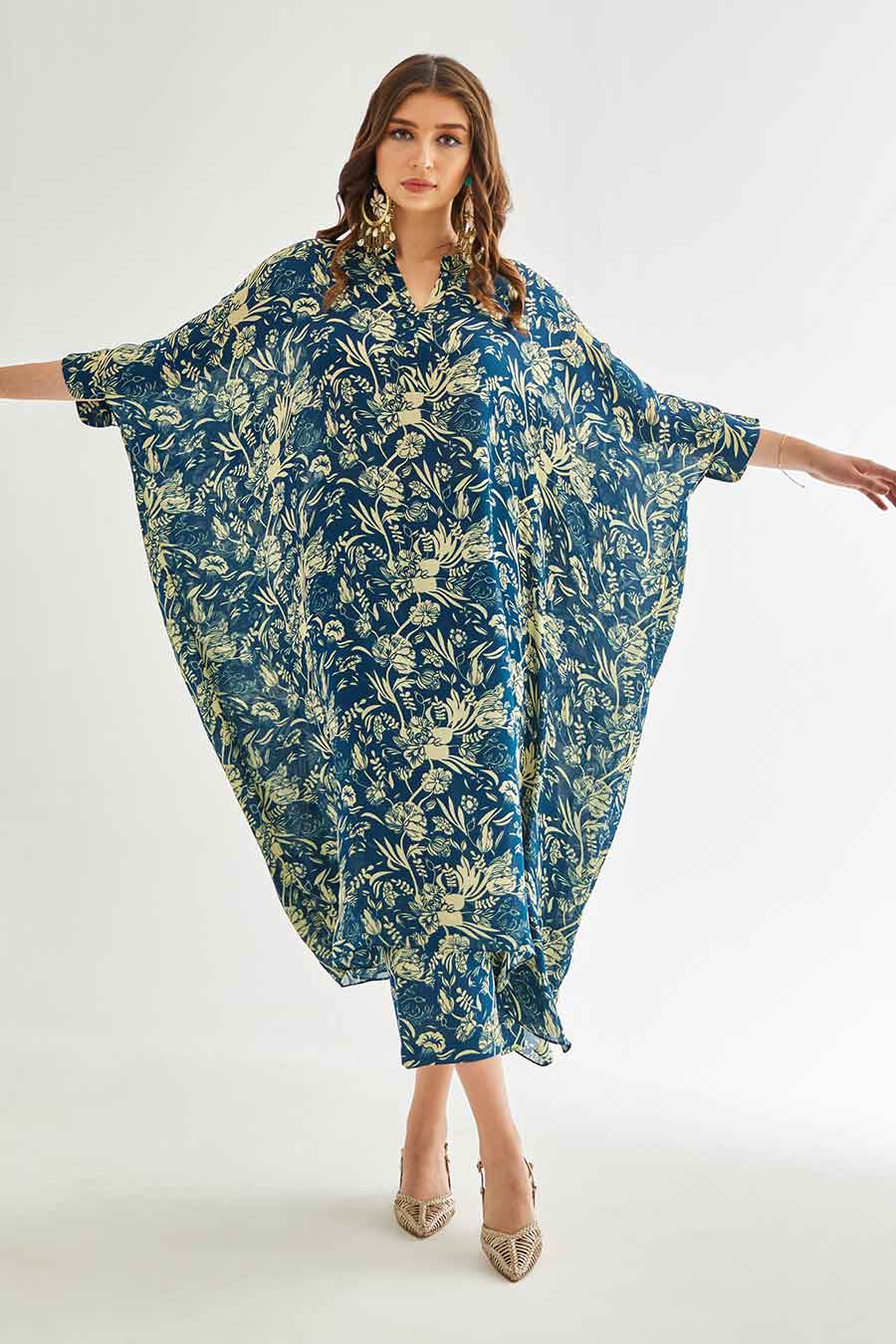 Small Blue Floral Printed Long Kaftan & Pant Set