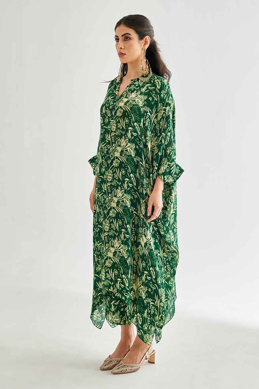 Small Green Floral Printed Long Kaftan & Pant Set