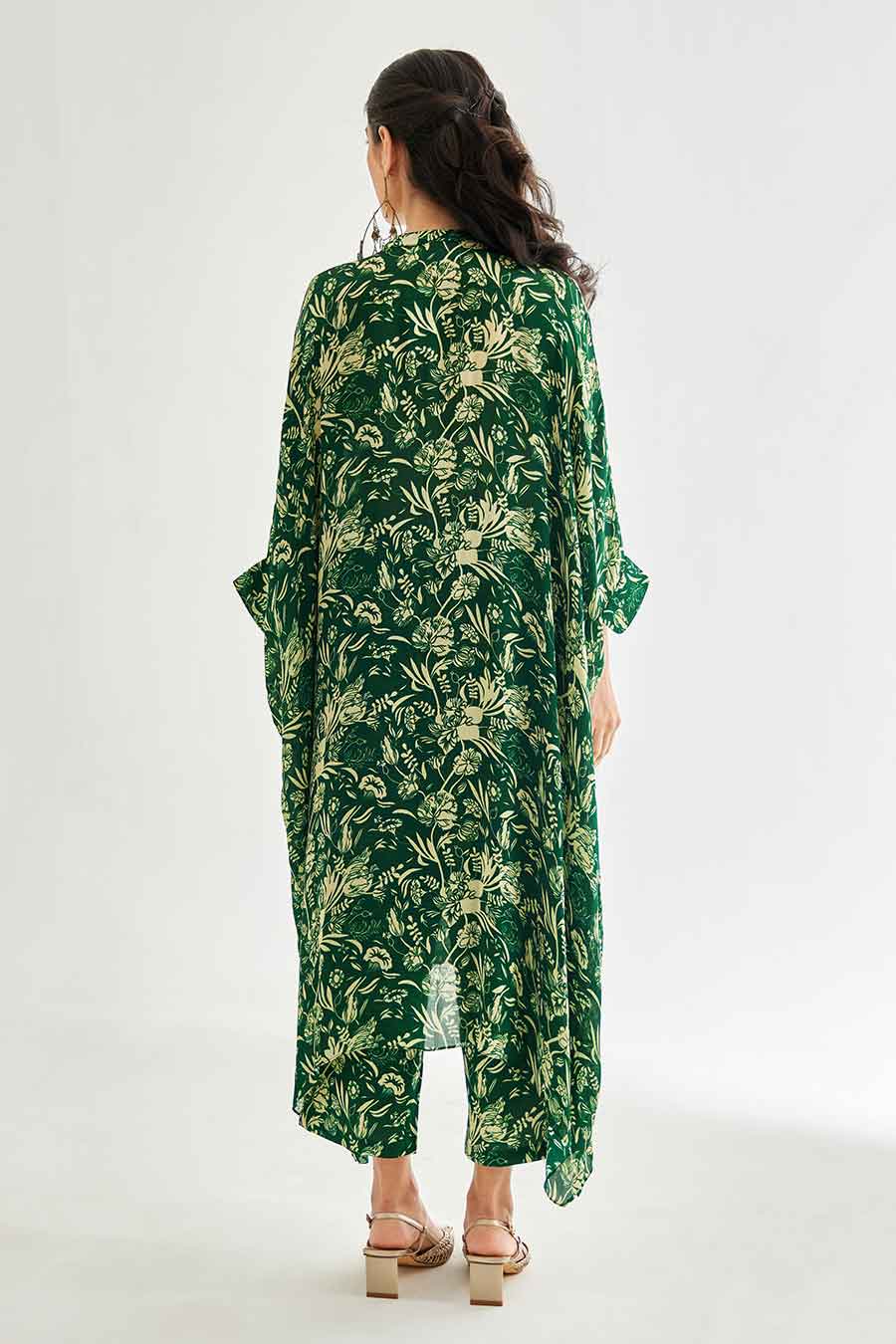 Small Green Floral Printed Long Kaftan & Pant Set