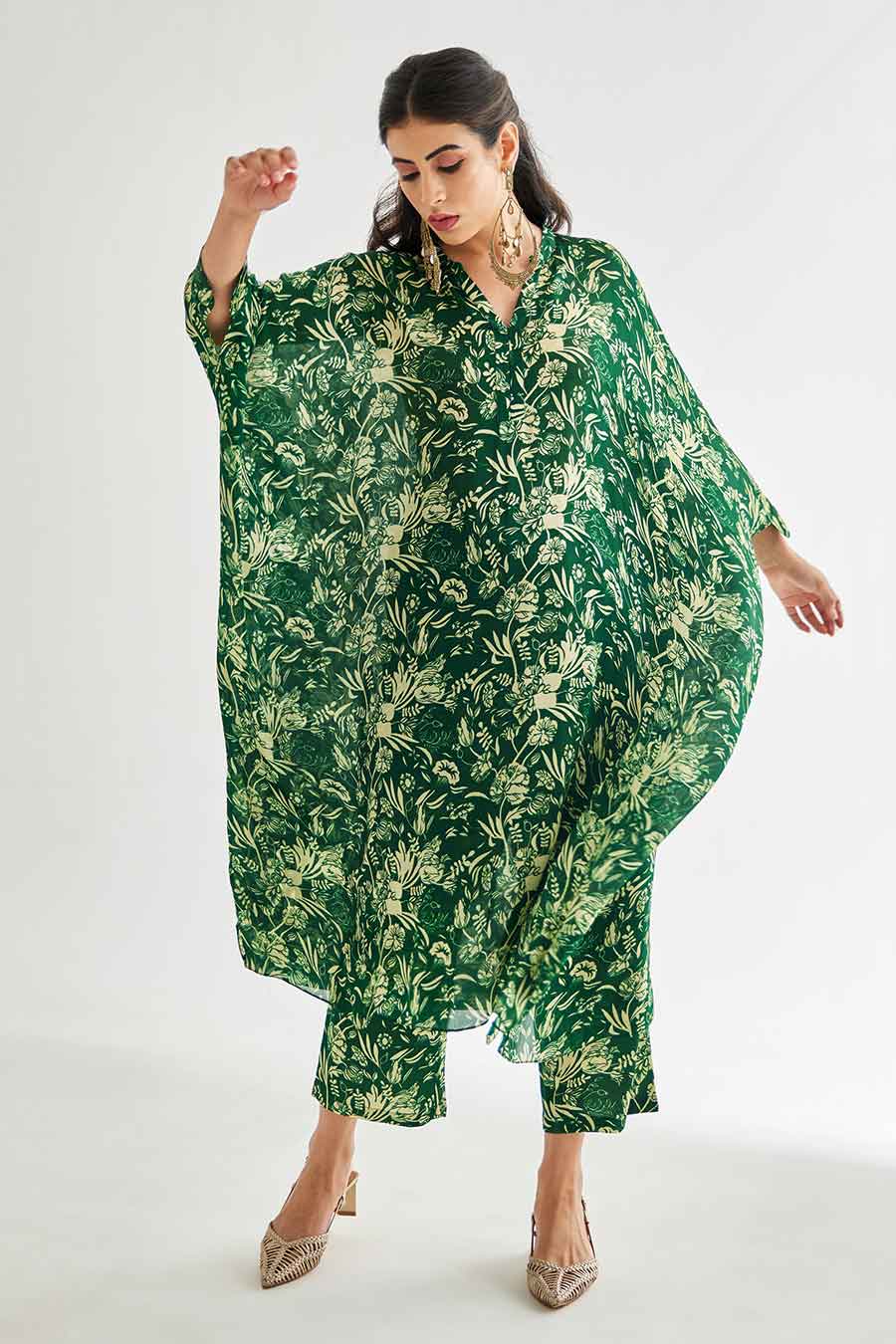 Small Green Floral Printed Long Kaftan & Pant Set