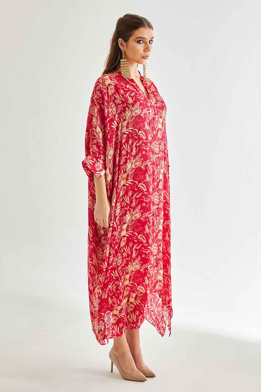 Small Pink Floral Printed Long Kaftan & Pant Set