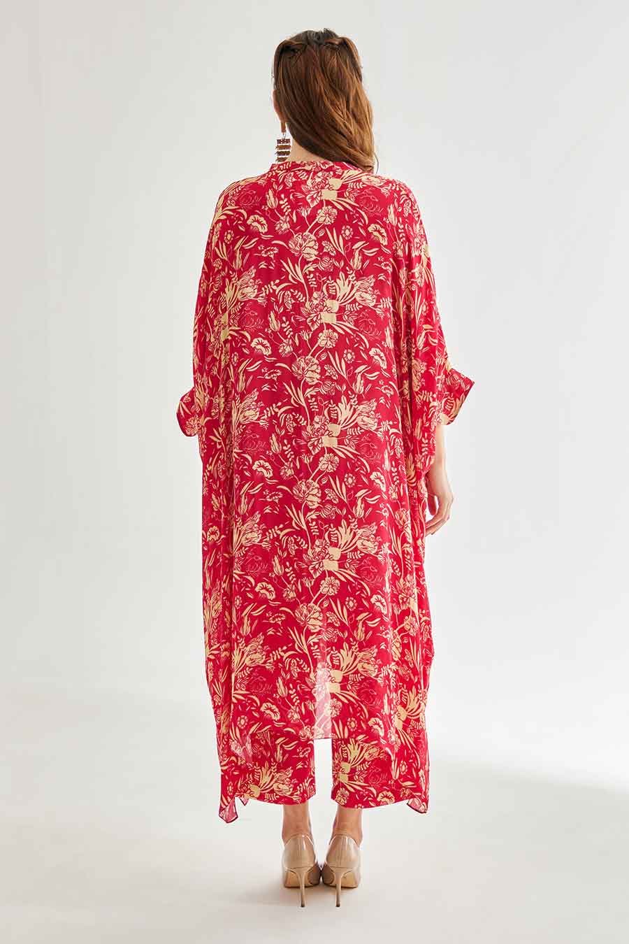 Small Pink Floral Printed Long Kaftan & Pant Set