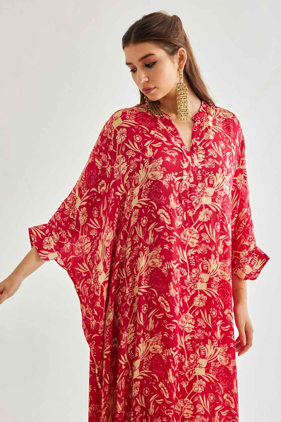 Small Pink Floral Printed Long Kaftan & Pant Set