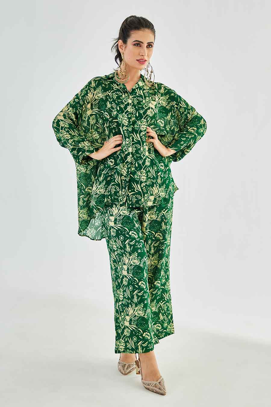 Small Green Floral Printed MJ Shirt & Pant Set