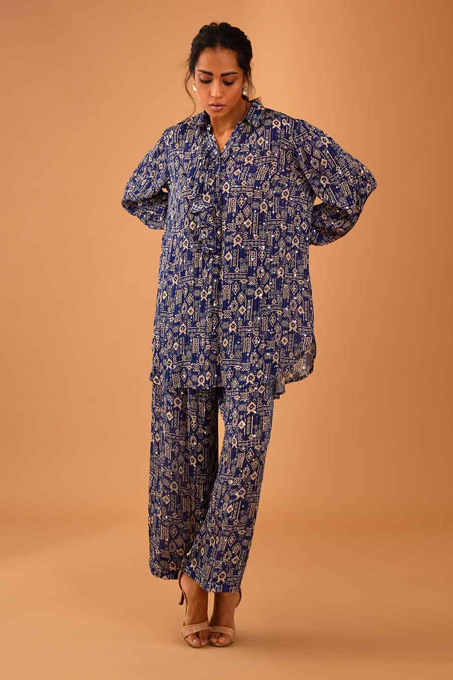 Blue Mirror Work Bella Shirt & Pant Set