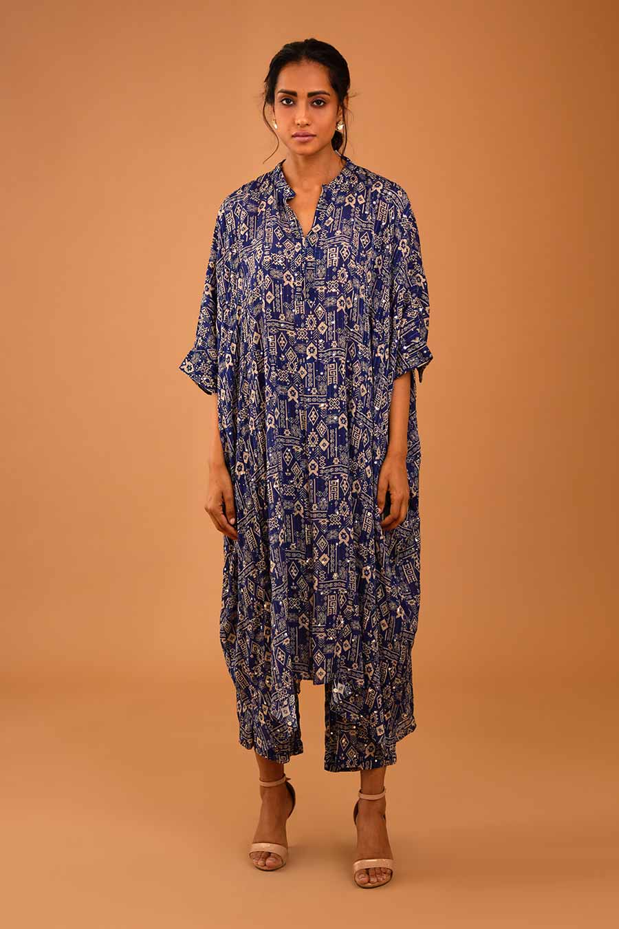 Blue Mirror Work Long Kaftan & Pant Set