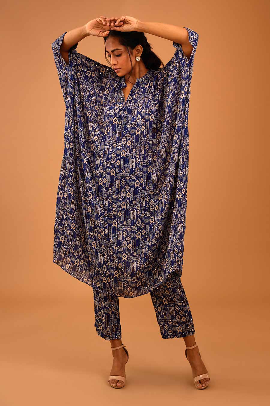 Blue Mirror Work Long Kaftan & Pant Set