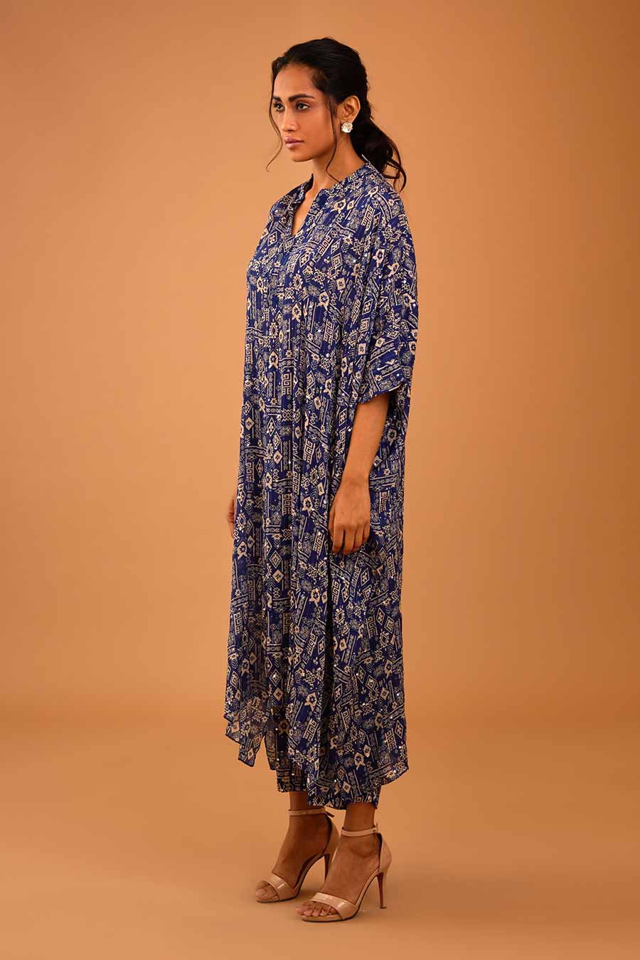 Blue Mirror Work Long Kaftan & Pant Set