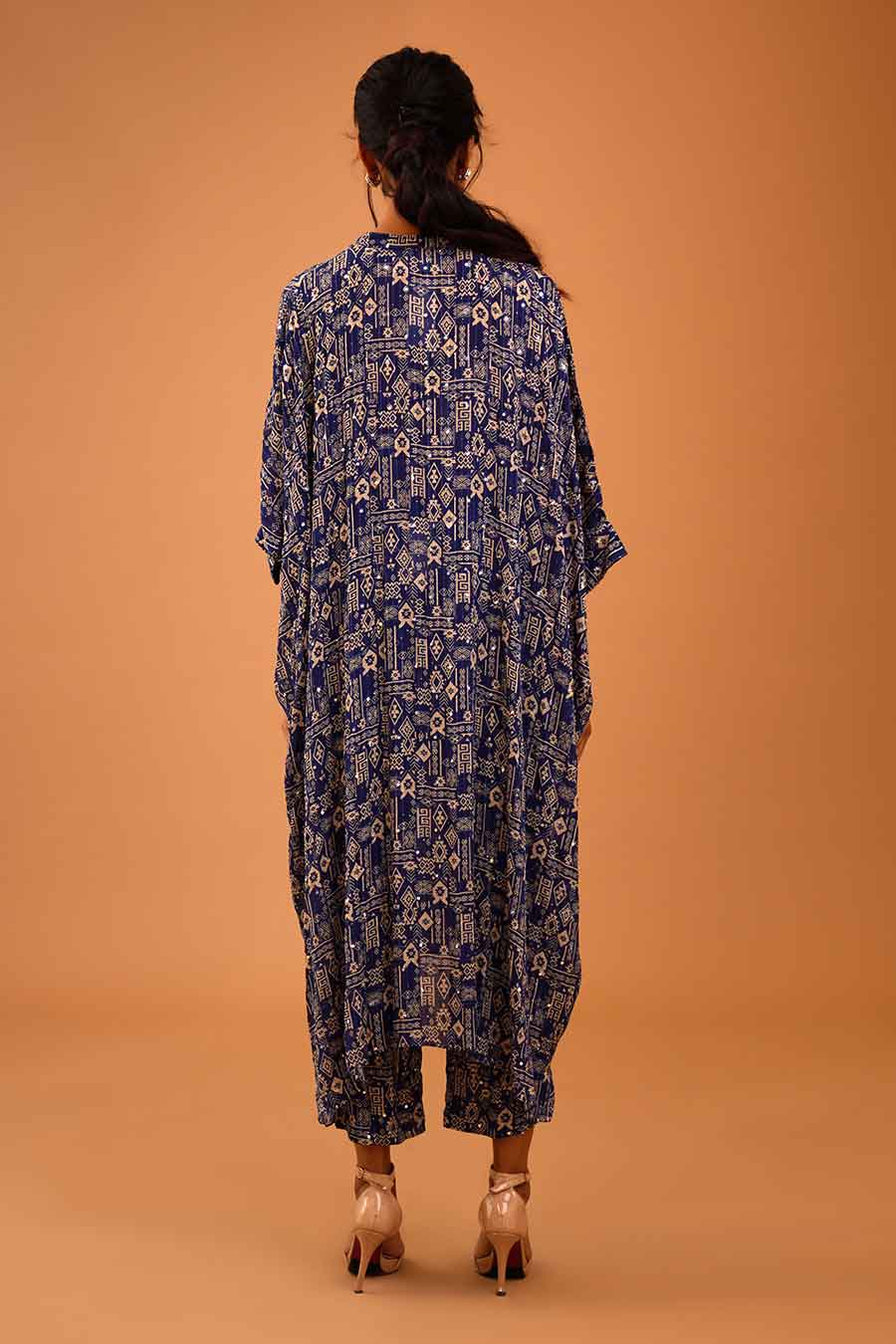 Blue Mirror Work Long Kaftan & Pant Set