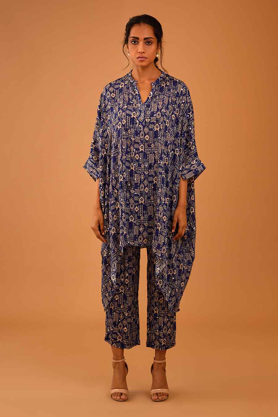 Blue Mirror Work Short Kaftan & Pant Set