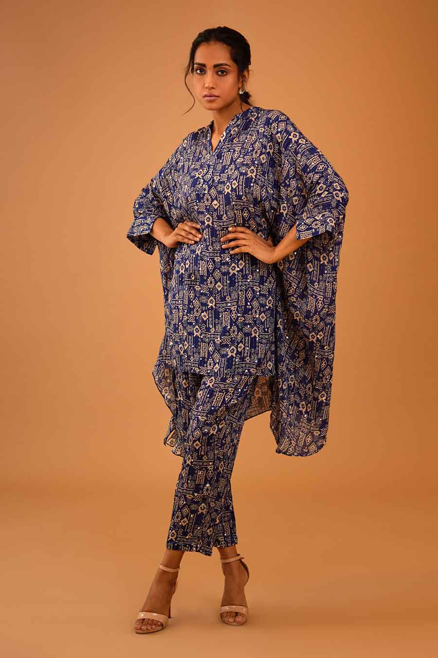 Blue Mirror Work Short Kaftan & Pant Set