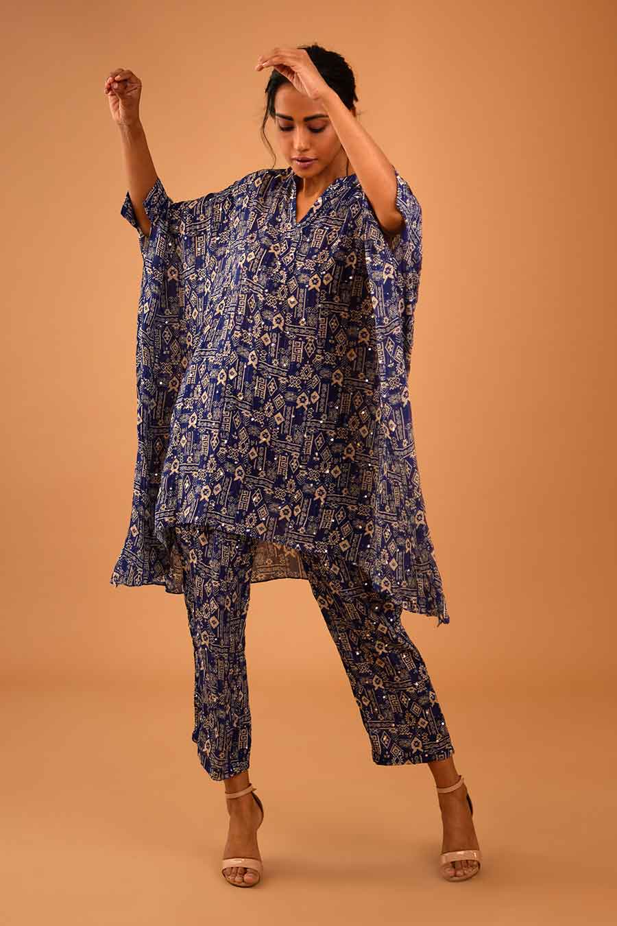 Blue Mirror Work Short Kaftan & Pant Set