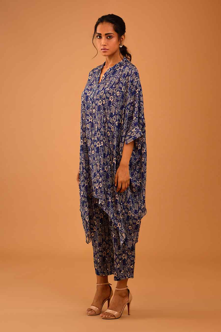 Blue Mirror Work Short Kaftan & Pant Set