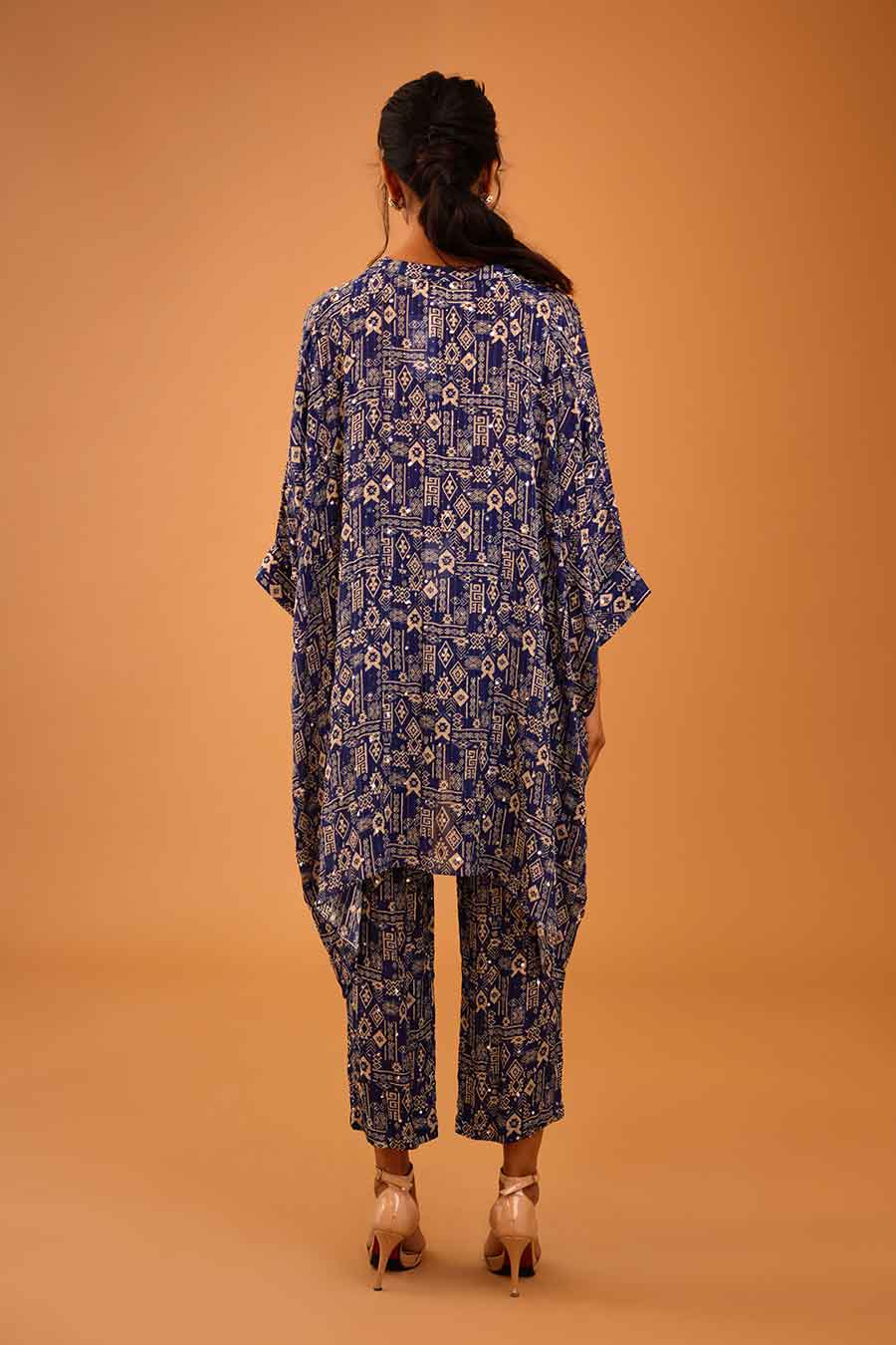 Blue Mirror Work Short Kaftan & Pant Set