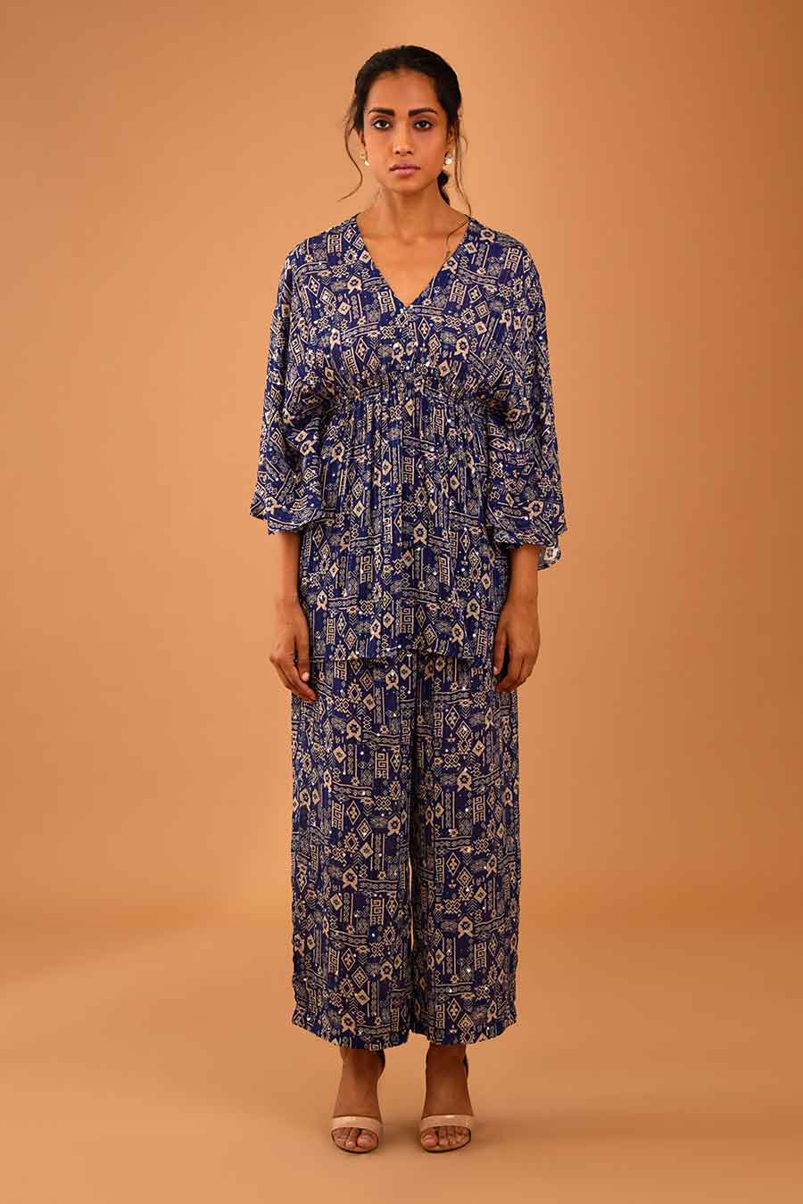 Blue Mirror Work Smocked Top & Pant Set