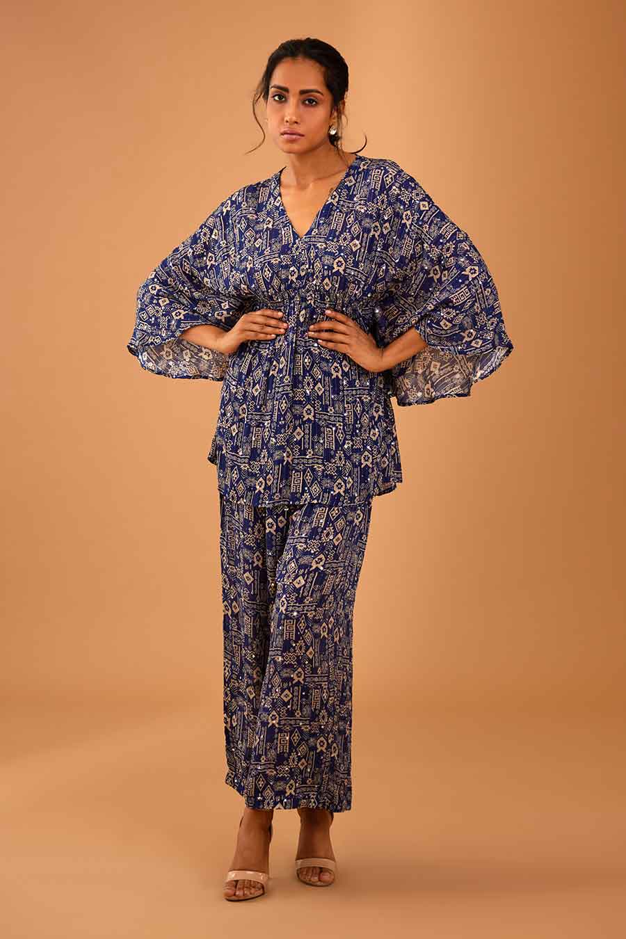 Blue Mirror Work Smocked Top & Pant Set