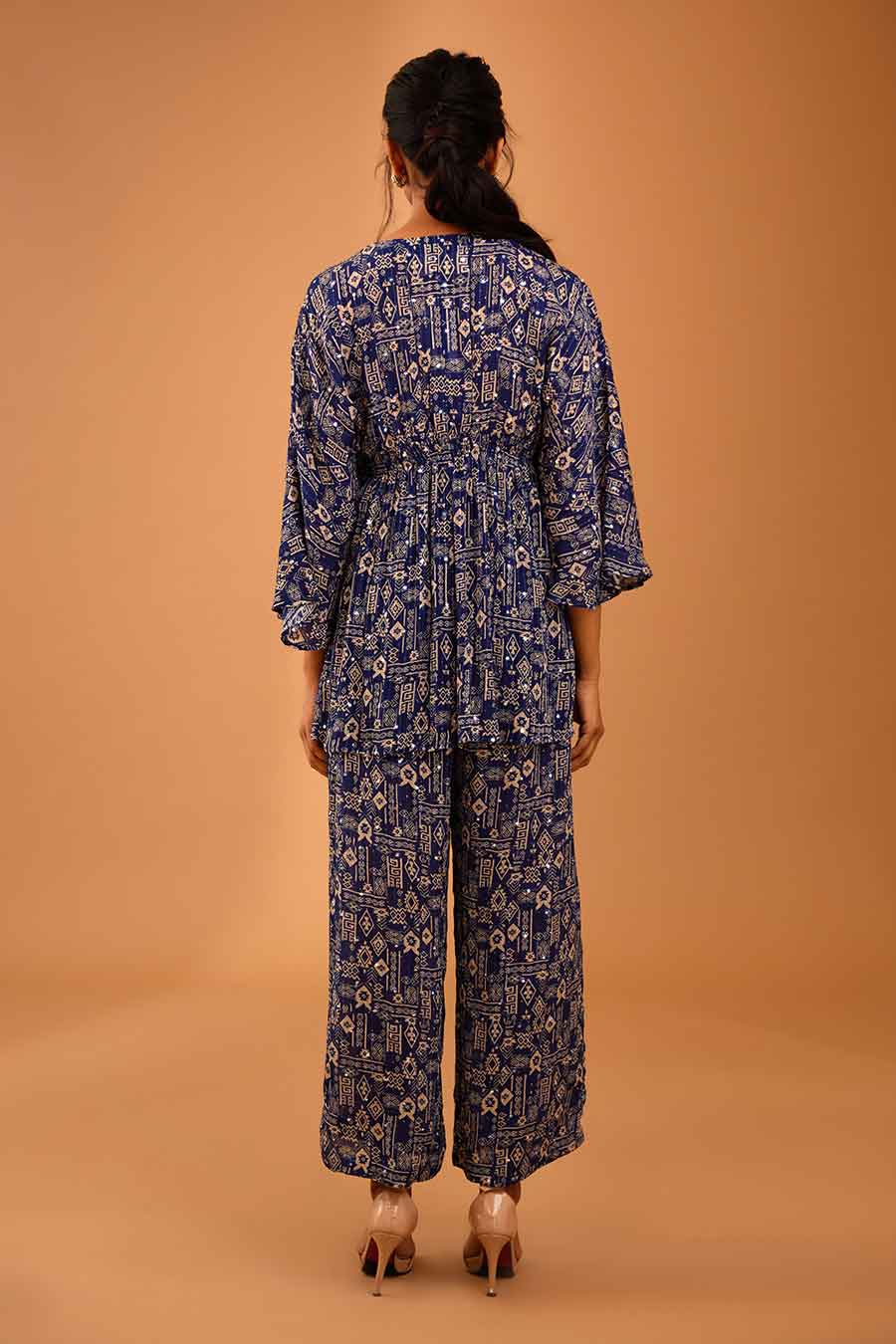 Blue Mirror Work Smocked Top & Pant Set