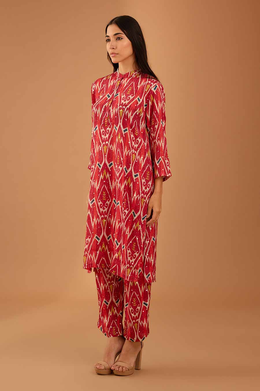 Red Mirror Work Band Kurta & Pant Set