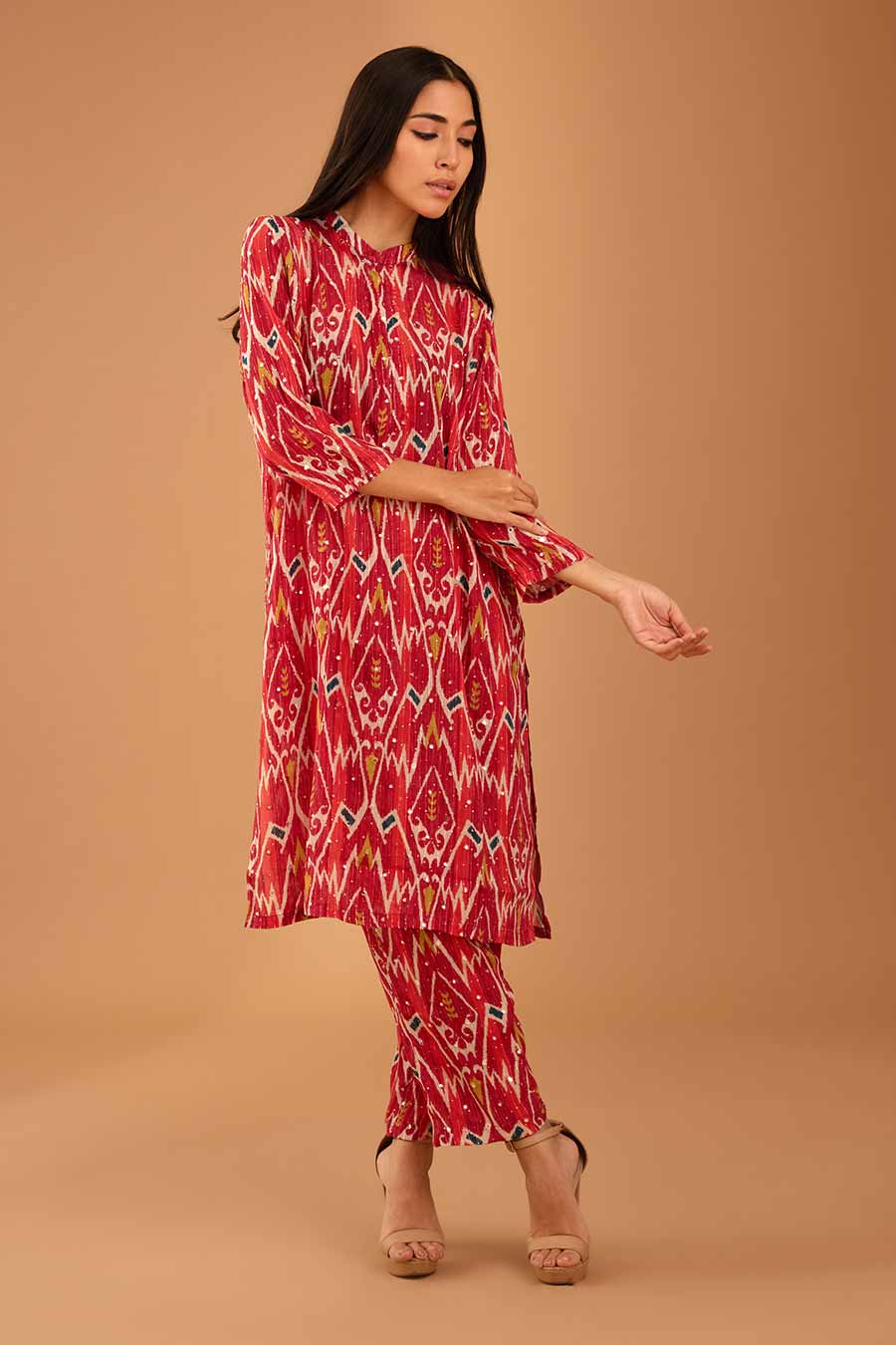 Red Mirror Work Band Kurta & Pant Set