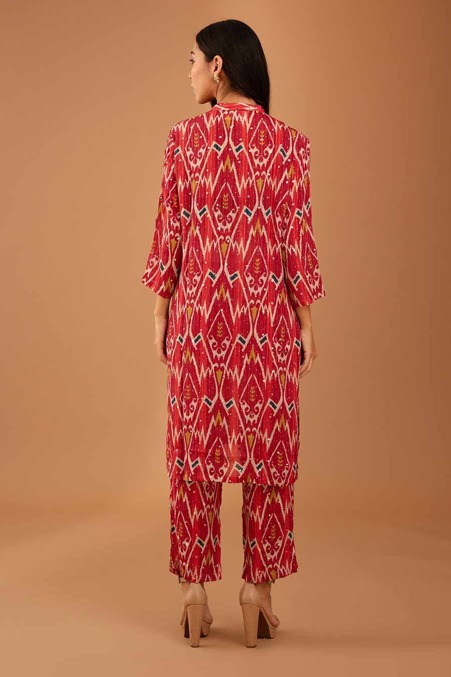 Red Mirror Work Band Kurta & Pant Set
