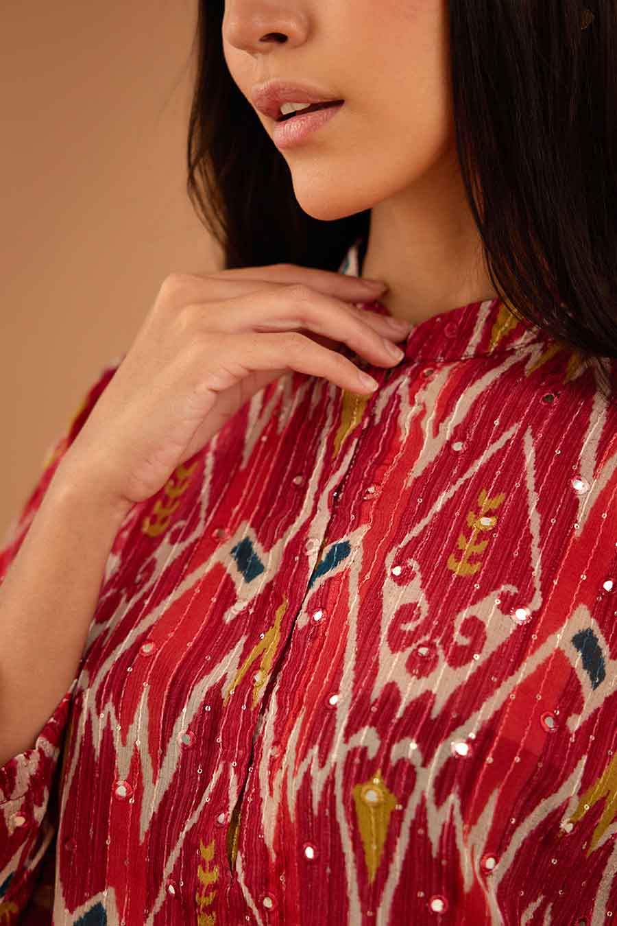 Red Mirror Work Band Kurta & Pant Set