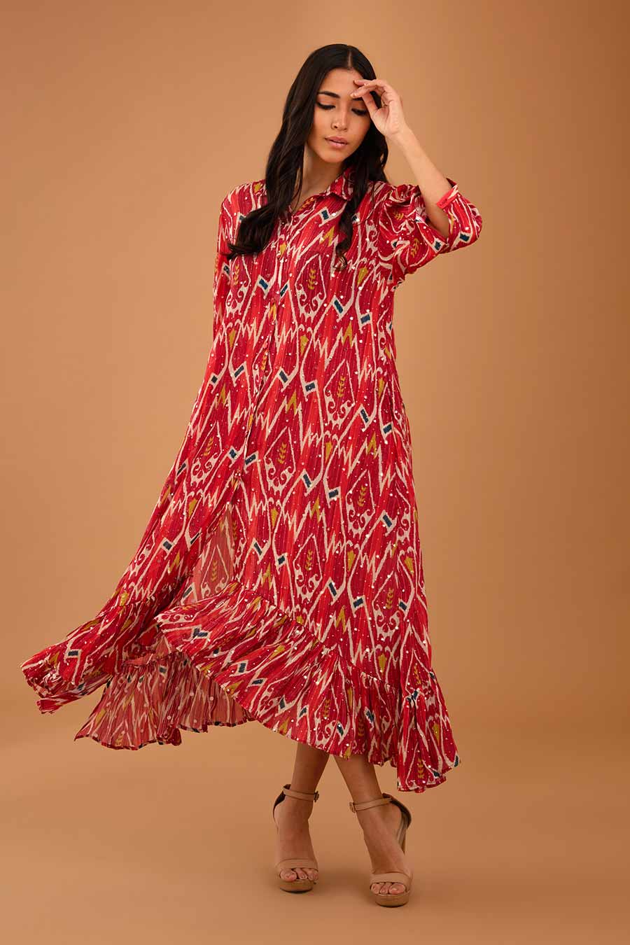 Red Mirror Work Asymmetrical Dress