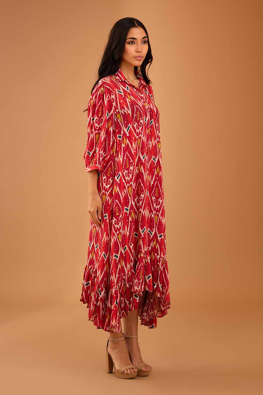 Red Mirror Work Asymmetrical Dress