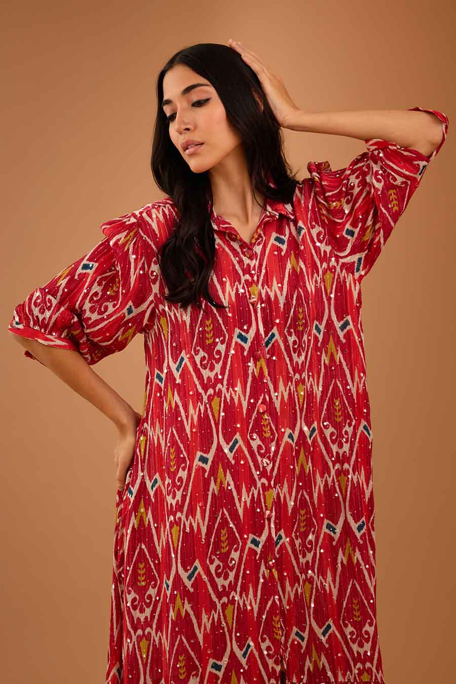Red Mirror Work Asymmetrical Dress