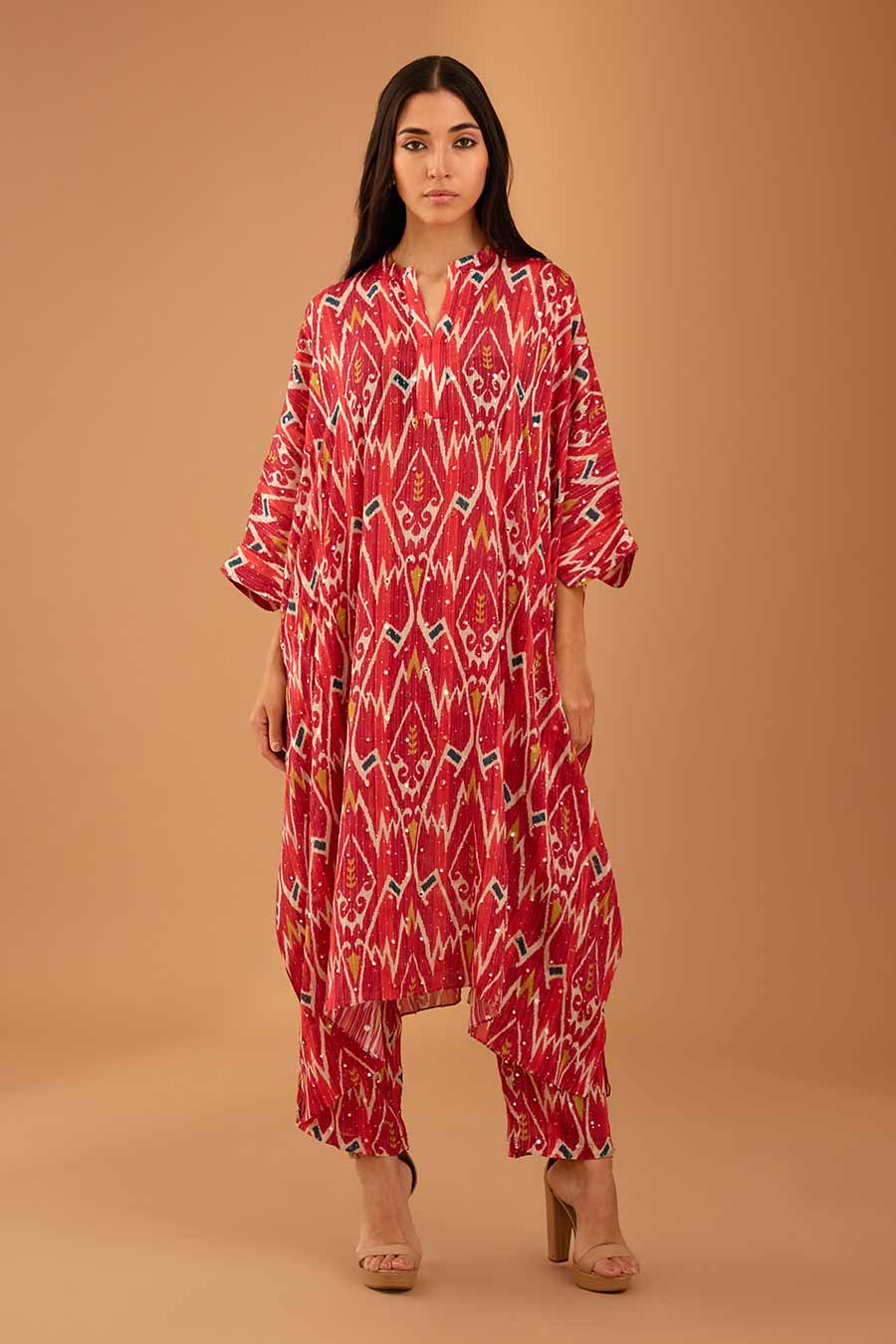 Red Mirror Work Long Kaftan & Pant Set