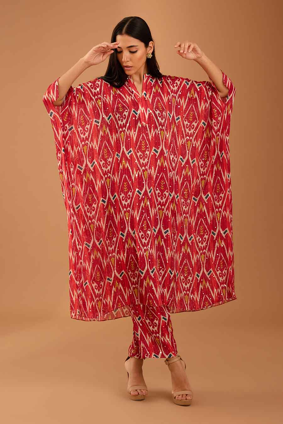 Red Mirror Work Long Kaftan & Pant Set