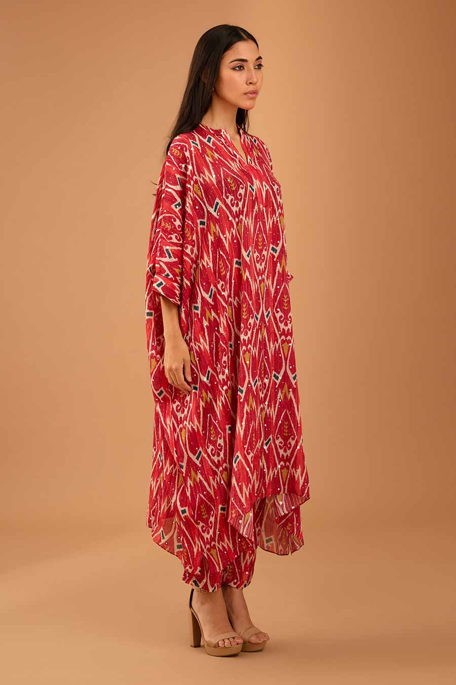 Red Mirror Work Long Kaftan & Pant Set