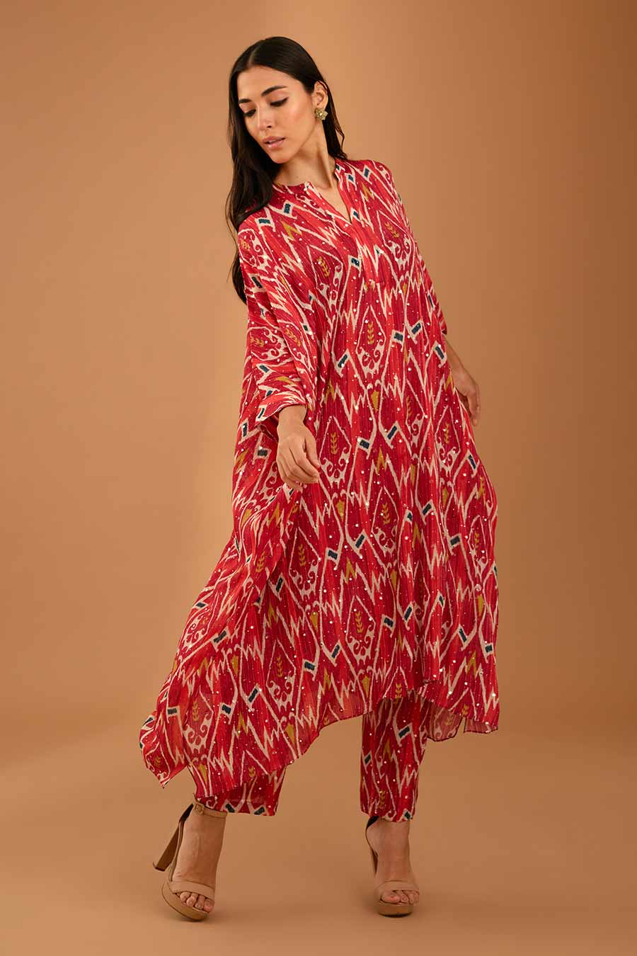 Red Mirror Work Long Kaftan & Pant Set