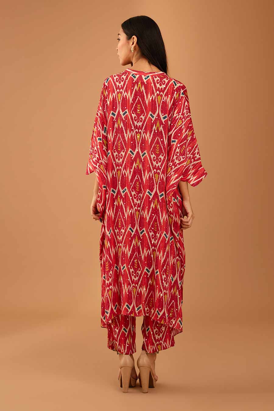 Red Mirror Work Long Kaftan & Pant Set