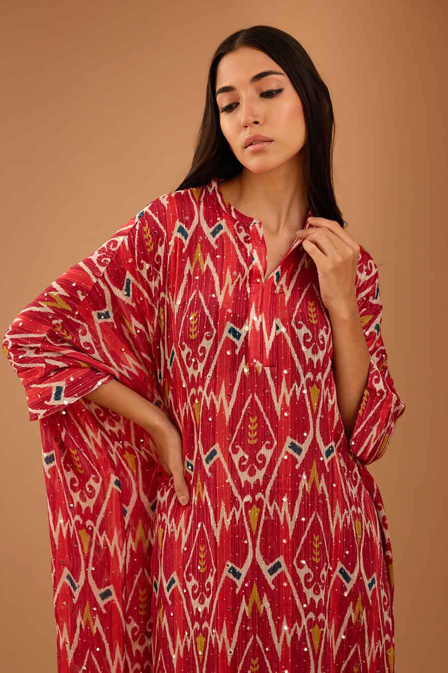 Red Mirror Work Long Kaftan & Pant Set